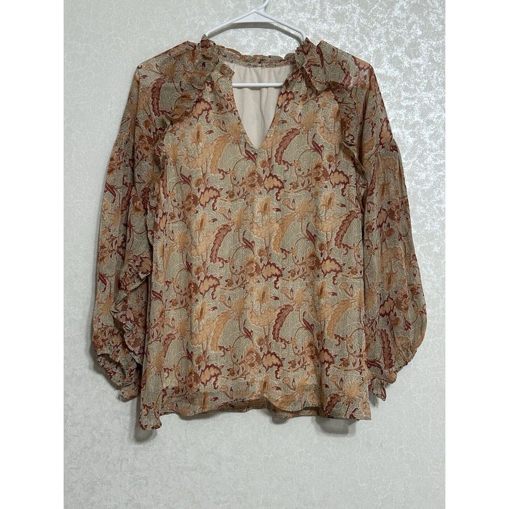 Semi-sheer Lined Orange / Maroon Paisley Floral V-neck blouse Ruffles Metallic M
